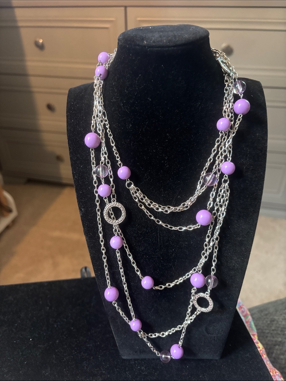 Layered Silver Chain Necklace with Purple Beads. Vintage triple trand